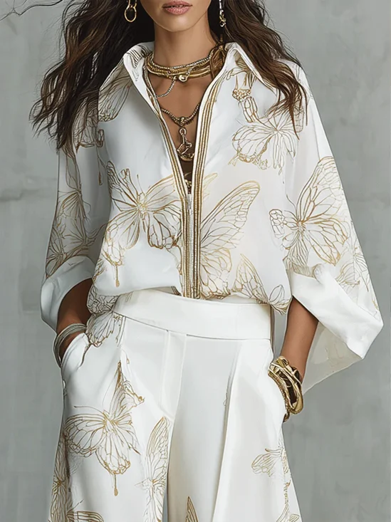 Casual Butterfly Printing Shawl Collar Shirt