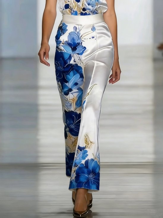 Satin Elegant Floral Printing Straight Pants