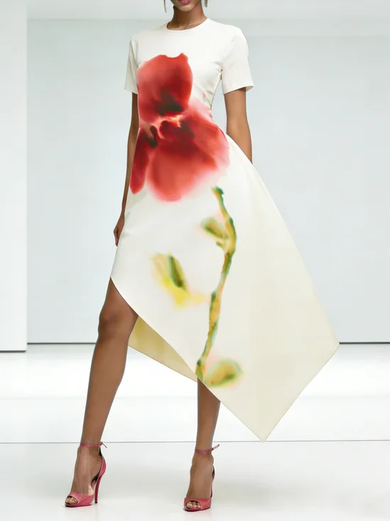 Elegant Floral Asymmetric Crew Neck Midi Dress