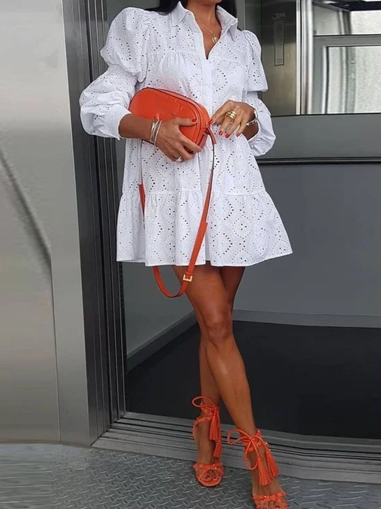 Casual Plain Buttoned Shirt Collar Mini Dress