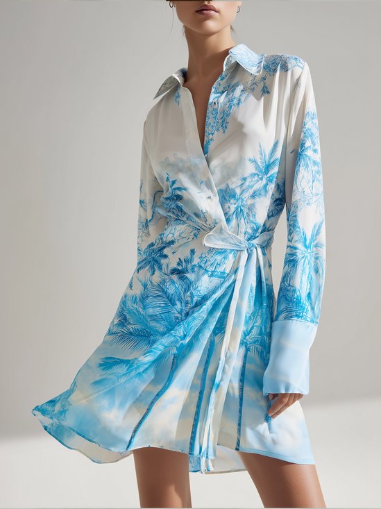 Vacation Coconut Tree Printing Shawl Collar Mini Dress
