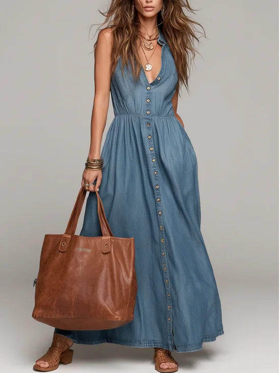 Denim Urban Plain Buttoned Shawl Collar Maxi Dress