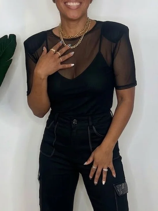 Urban Plain Shoulder Pad Blouse With Inner Wear