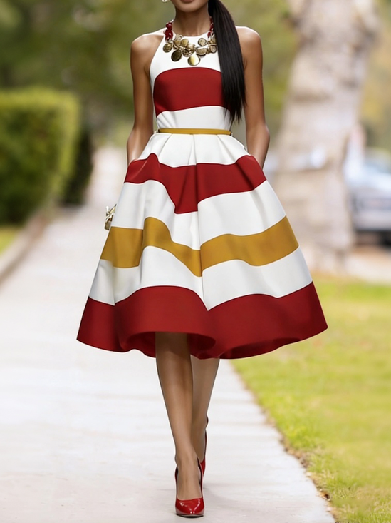 Elegant Color Block Crew Neck Knee Length Dress No Belt