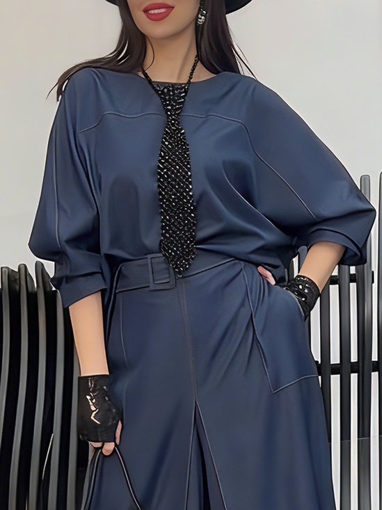 Casual Plain Balloon Sleeve Soft Denim Top With Tie