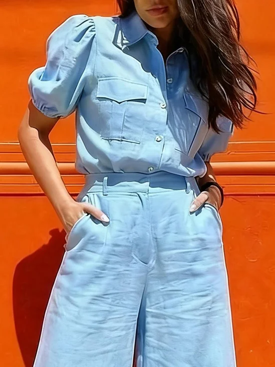 Cotton And Linen Urban Plain Shirt Collar Puff Sleeve Shirt
