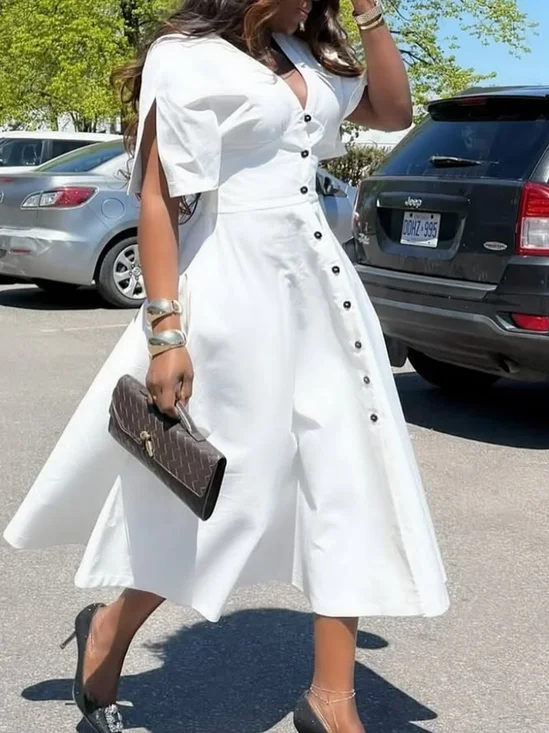 Urban Plain Buttoned V Neck Midi Dress