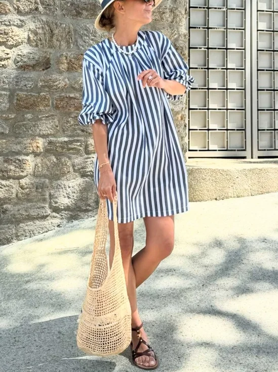 Vacation Striped Puff Sleeve Printing Crew Neck Mini Dress