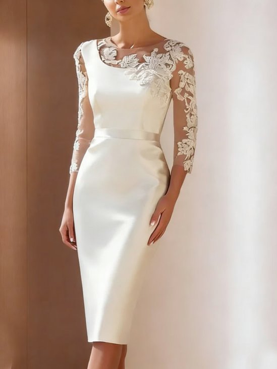 Elegant Plain Split Joint Crew Neck Knee Length Dress