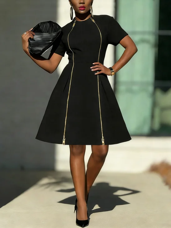 Urban Plain Zipper Crew Neck Knee Length Dress