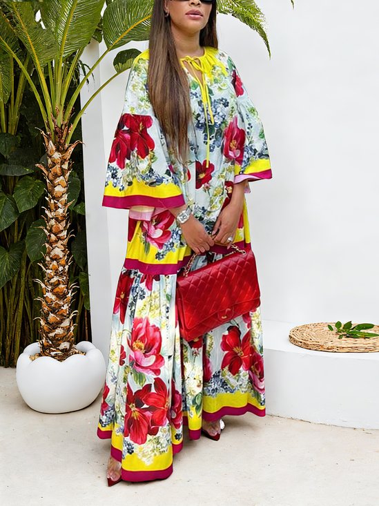Urban Floral Printing Crew Neck Maxi Dress