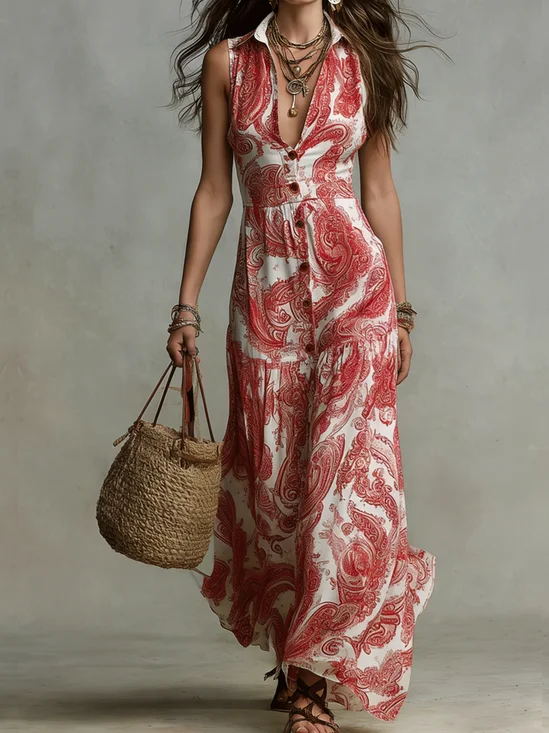 Vacation Cashew Flowers Shirt Collar Maxi Dress