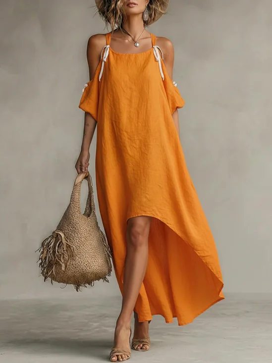 Cotton And Linen Casual Plain Cold Shoulder Maxi Dress