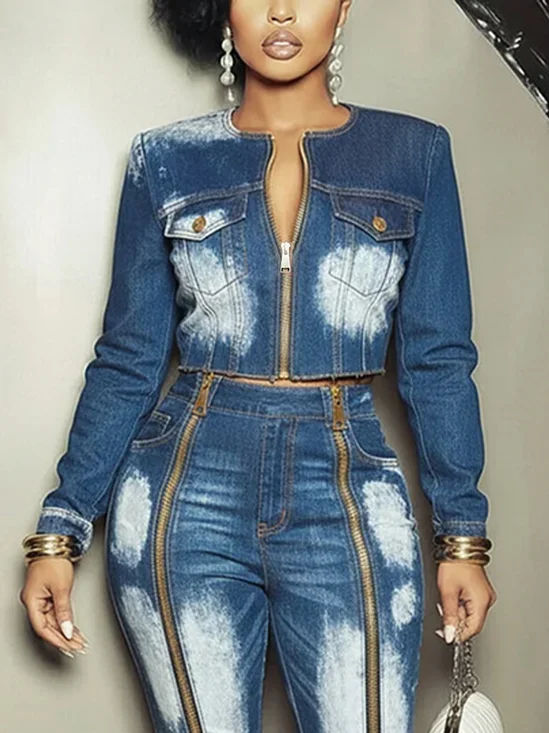 Casual Pockets Plain Crew Neck Denim Jacket