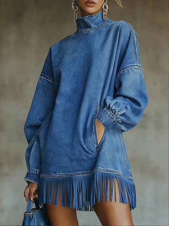 Women Casual Denim Blue Mini Dress Turtleneck H-Line Fall Daily