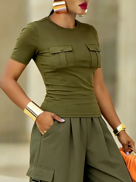 Casual Plain Pockets Crew Neck T-shirt