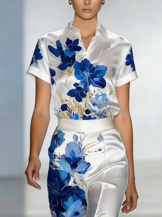 Satin Elegant Floral Printing Shirt Collar  Shirt