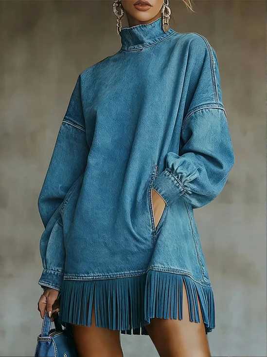 Women Casual Denim Blue Mini Dress Turtleneck H-Line Fall Daily