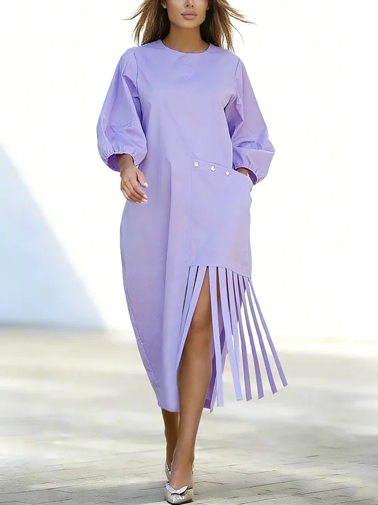 Cotton Casual Plain Balloon Sleeve Tassel Crew Neck Midi Dress