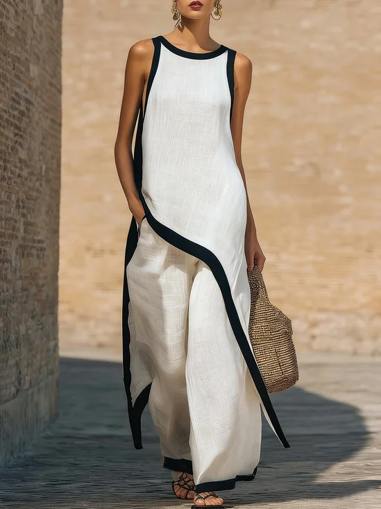 Cotton And Linen Casual Color Block Irregular Craftsmanship Crew Neck Blouse