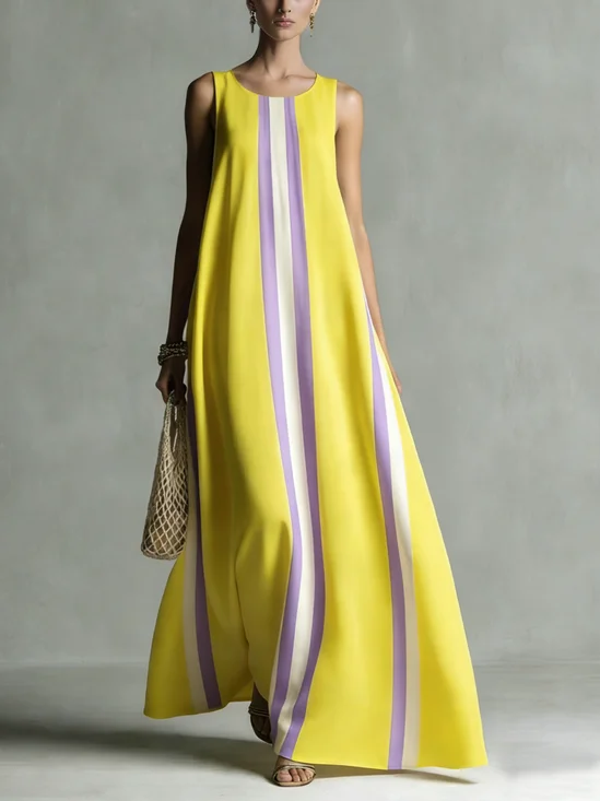 Casual Color Block Printing Crew Neck Maxi Dress