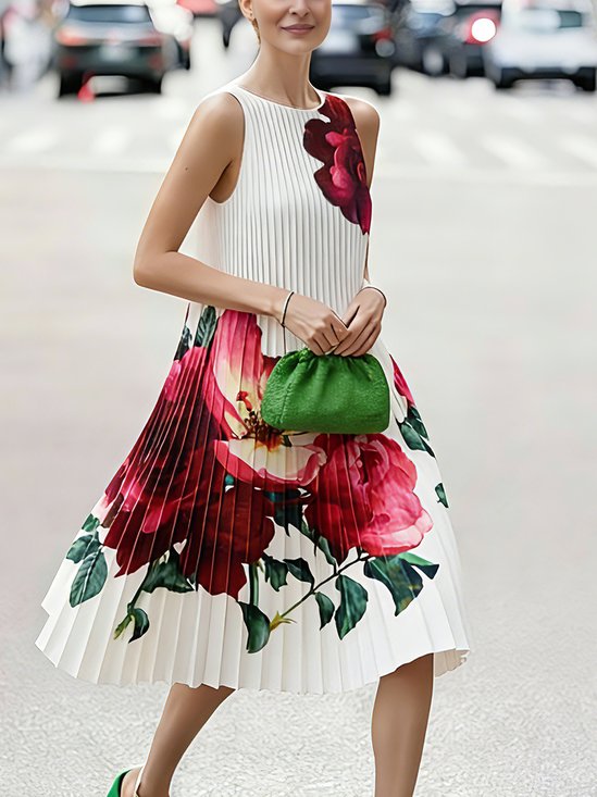Elegant Floral Printing Crew Neck Midi Dress