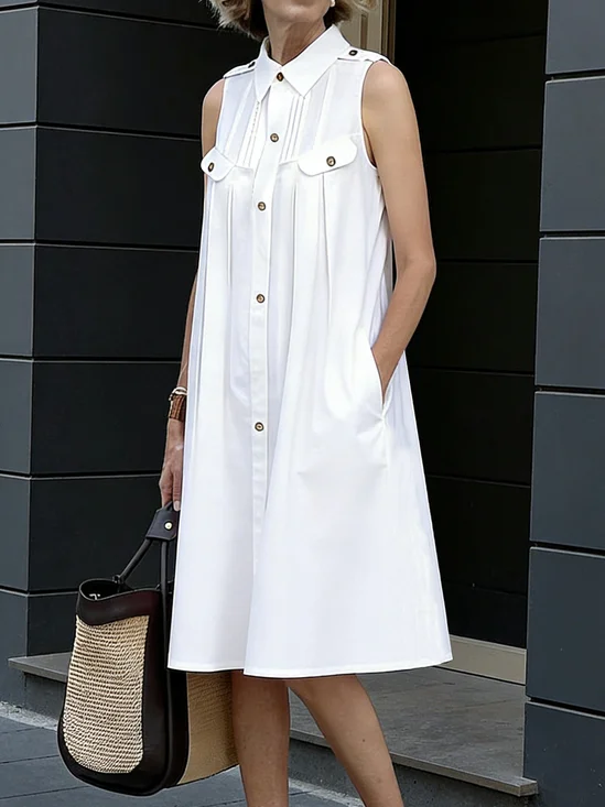 Urban Plain Shirt Collar Knee Length Dress