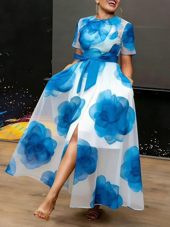 Elegant Floral Printing Crew Neck Maxi Dress With Belt
