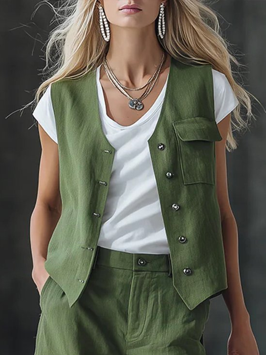 Cotton And Linen Urban Buttoned Plain V Neck Vest