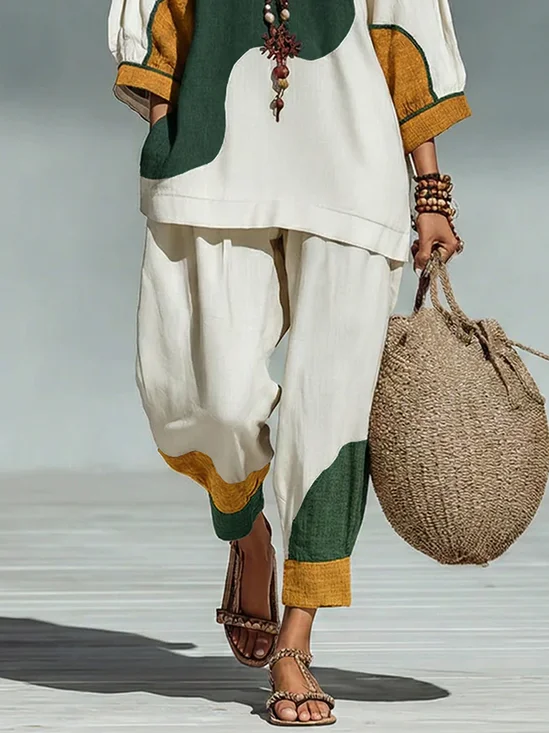 Casual Colorblock Ankle Banded Pants