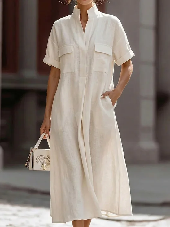 Casual Plain Stand Collar Cotton And Linen Midi Dress