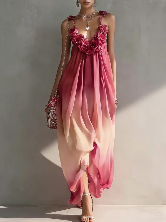 Vacation Ombre Printing V Neck Maxi Dress