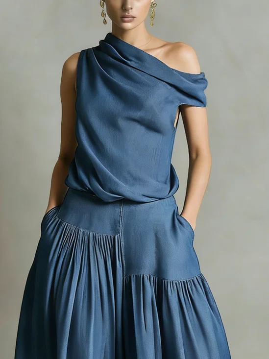 Soft Tencel Denim Casual Plain Asymmetrical Top