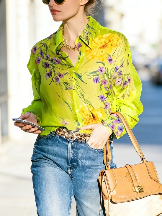 Casual Floral Printing Shirt Collar Shirt