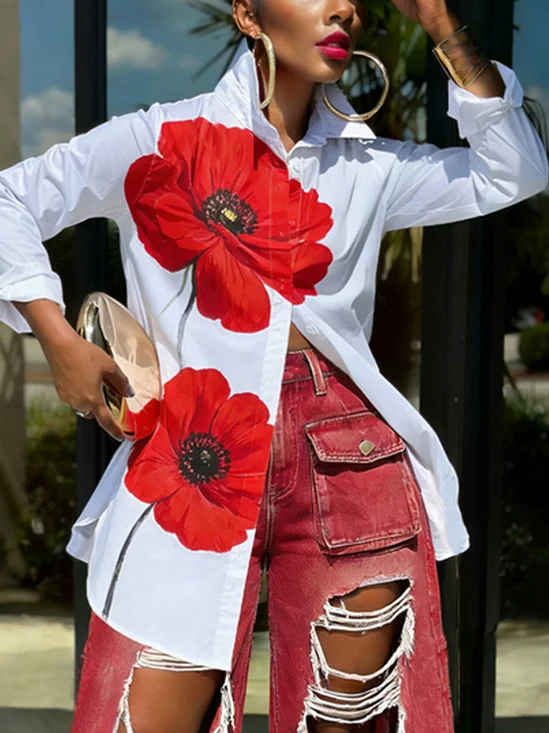 Casual Floral Printing Shirt Collar Shirt