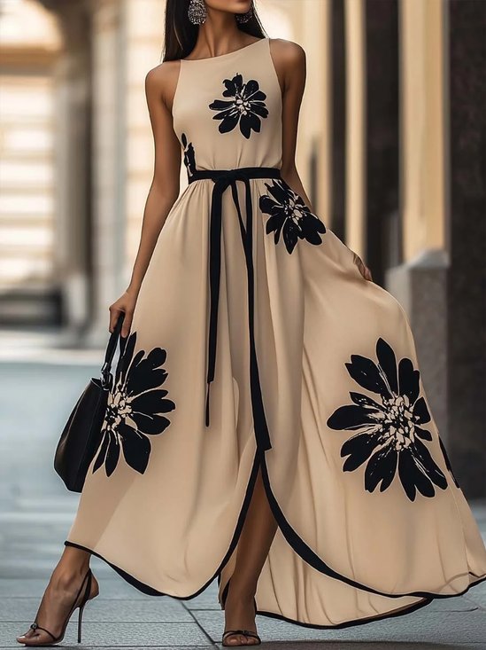 Elegant Floral Printing Crew Neck Maxi Dress With Belt