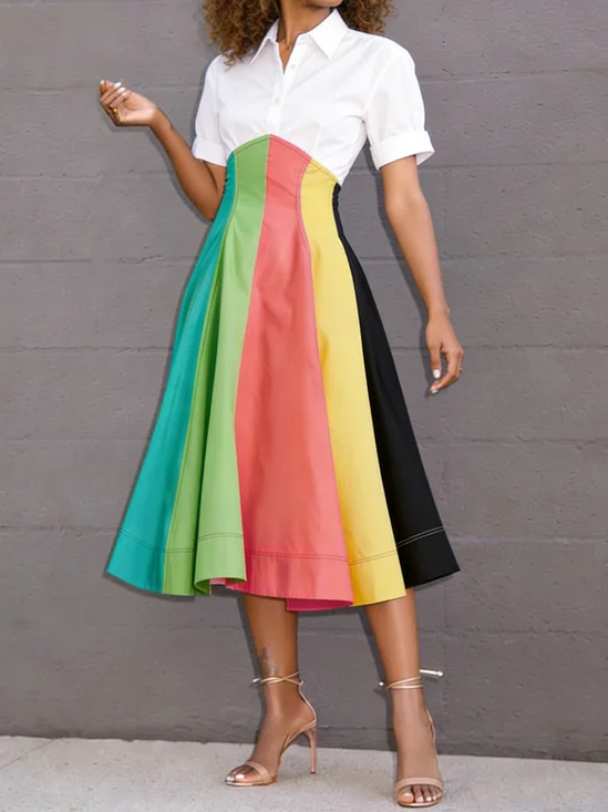 Elegant Ethnic Geometry Shirt Collar Midi Dress