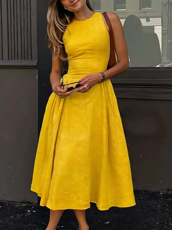 Cotton Casual Plain Distressing Crew Neck Midi Dress