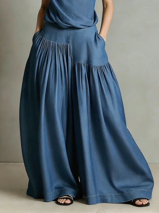 Soft Tencel Denim Plain Loose Ruched Casual Jeans