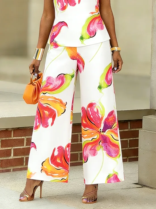 Vacation Floral Printing Wide Leg Pants