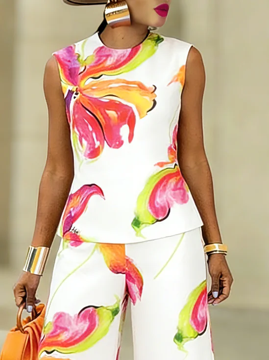 Vacation Floral Printing Crew Neck Tank Top