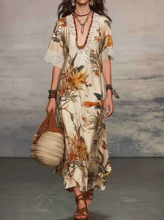 Vacation Floral Printing Lace Edge V Neck Maxi Dress