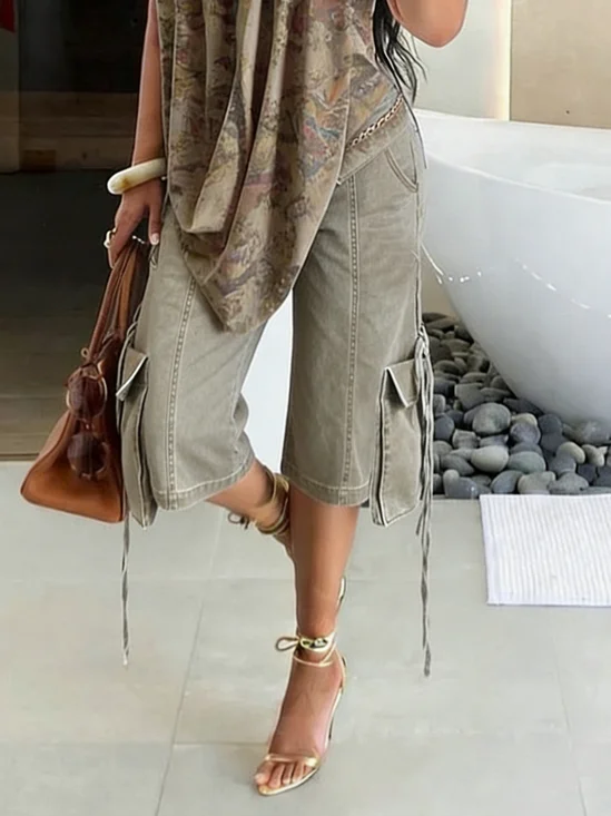 Denim Casual Plain Pockets Cargo Pants