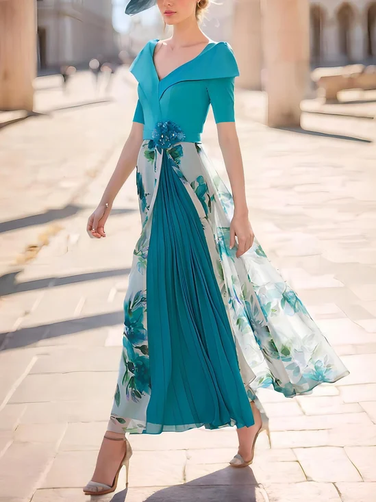 Elegant Floral Gathered V Neck Midi Dress