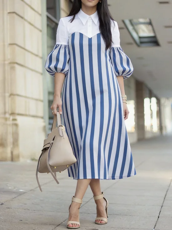 Urban Color Block Shirt Collar Midi Dress