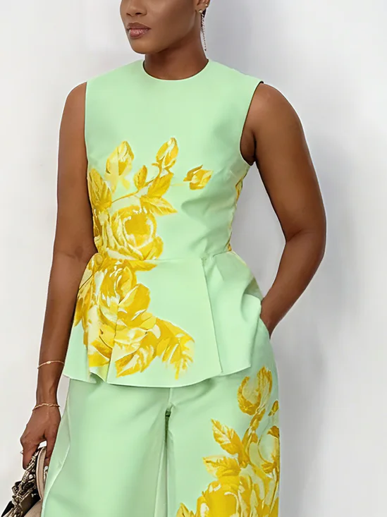 Elegant Floral Printing Crew Neck Blouse