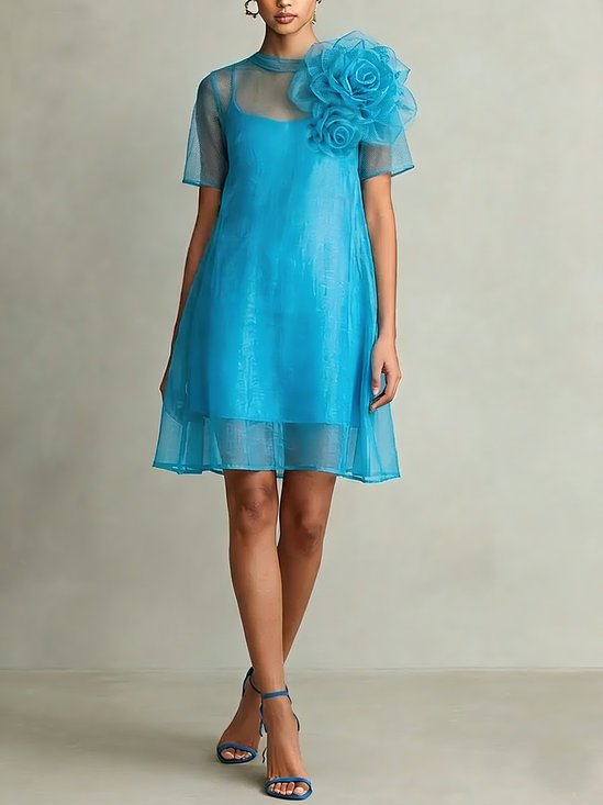 Urban Plain 3D Floral Crew Neck Mini Dress