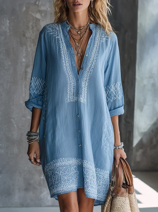 Casual Geometric Buttoned Mock Neck Mini Dress