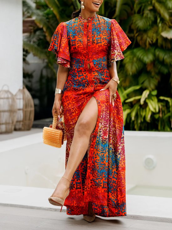 Urban Geometric Flutter Sleeve Buttoned  Maxi Dress