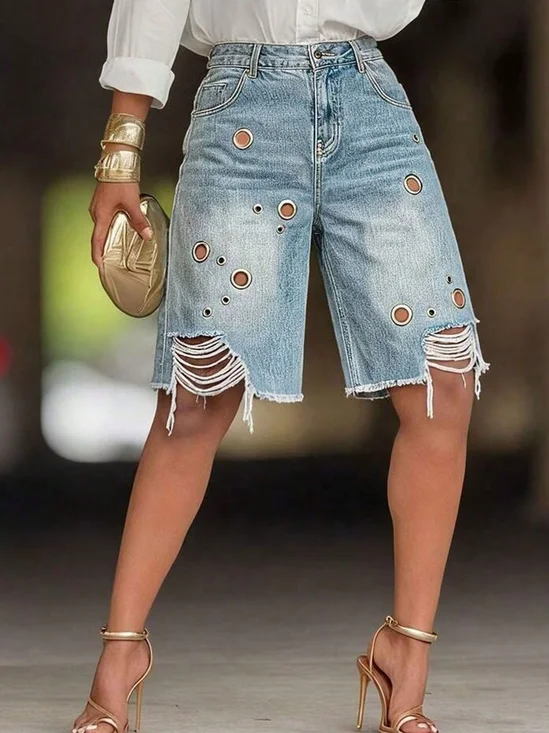 Casual Grommets Denim  Shorts